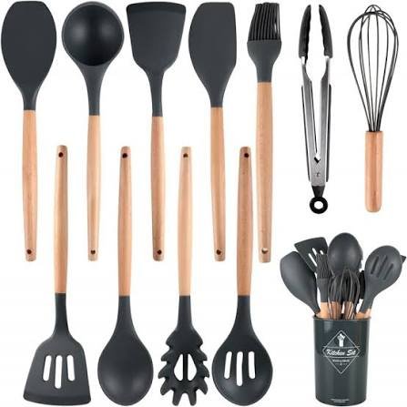 12 Pcs Silicone Kitchen Utensil Set with Wooden Handles
